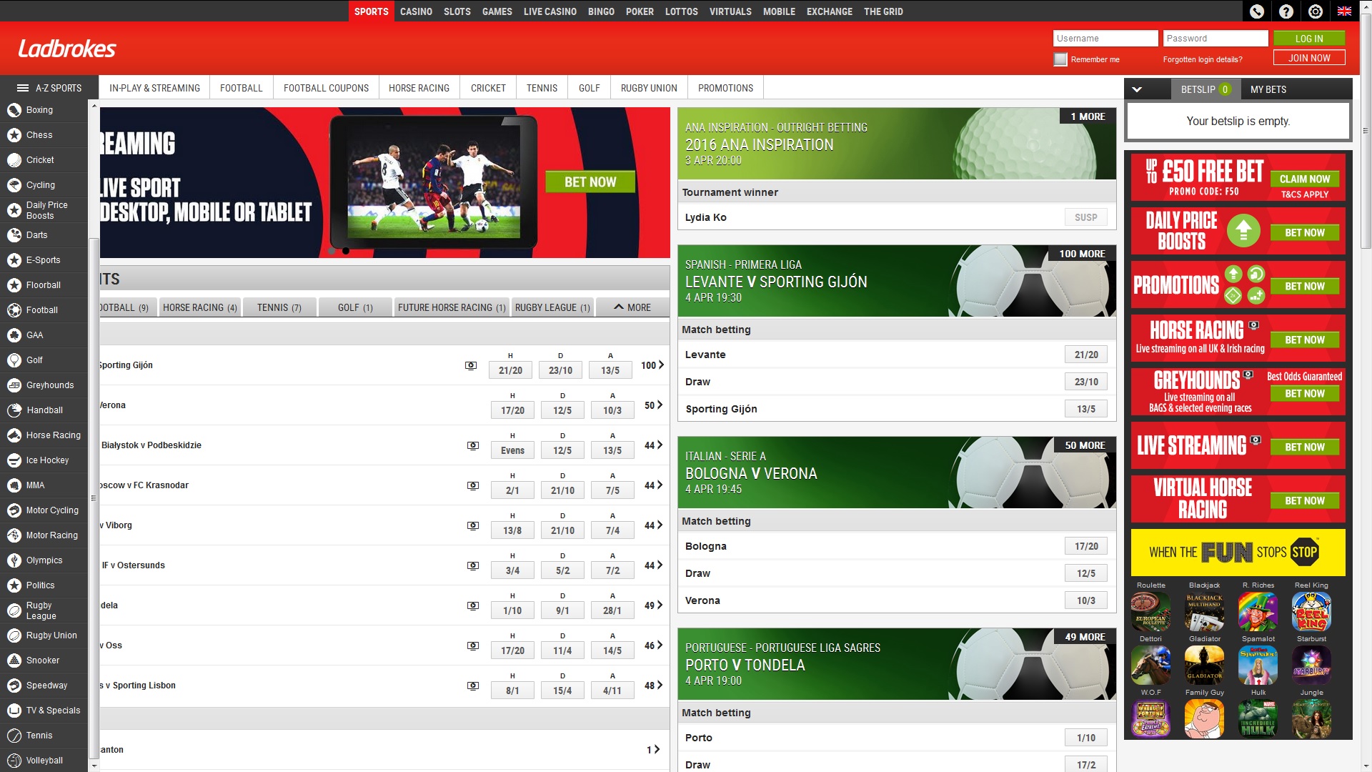 Ladbrokes Home Page and Sports A to Z 